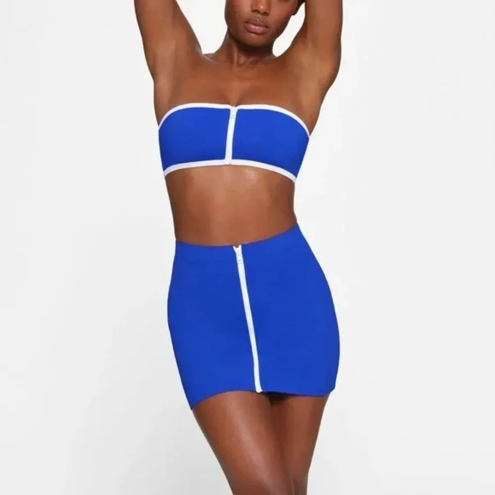 NWT Skims Zip Up Swim Mini Skirt Cobalt Blue Bikini Bottom